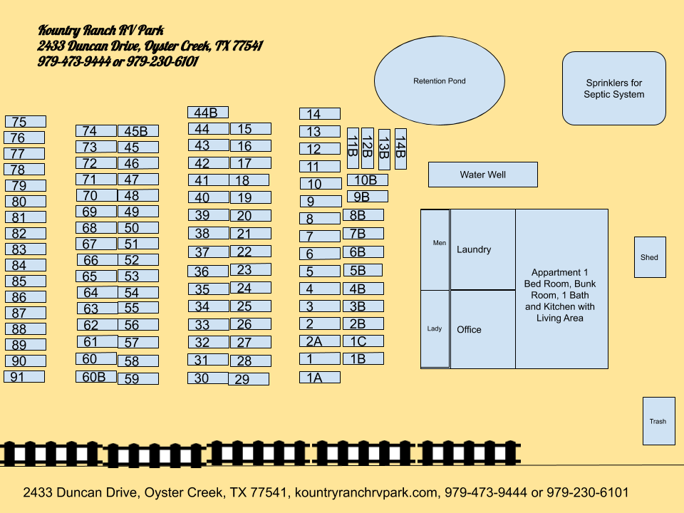 Kountry Ranch RV Park site map — full lot layout showing all 90+ sites, laundry, office, and amenities at 2433 Duncan Drive, Oyster Creek TX